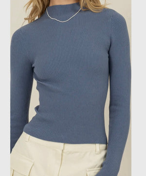 Open image in slideshow, Mockneck Blue Ribbed Sweater
