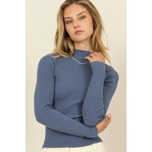 Mockneck Blue Ribbed Sweater