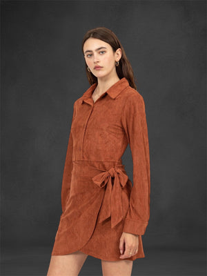 Open image in slideshow, Wrap Suede Rust Mini Dress
